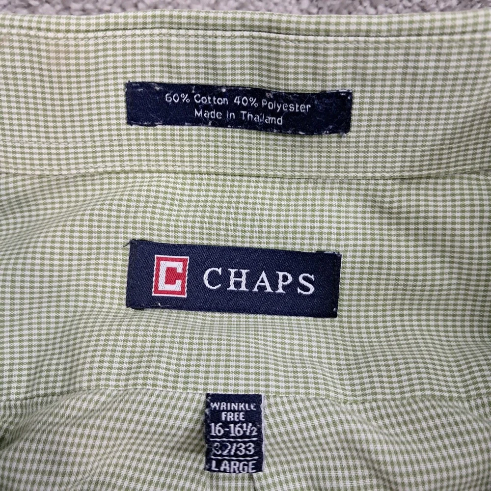 Chaps Mens Large Green White Micro Check Wrinkle Free Button Down Shirt 16-16.5